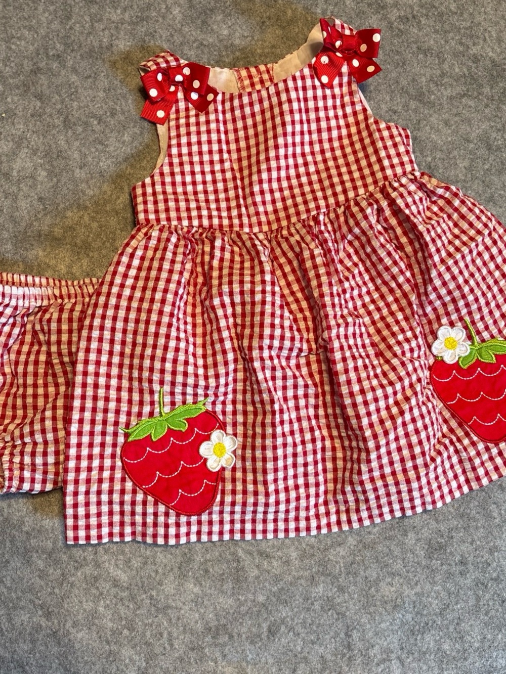 Red Gingham Strawberry Appliqué Girls Summer Dress